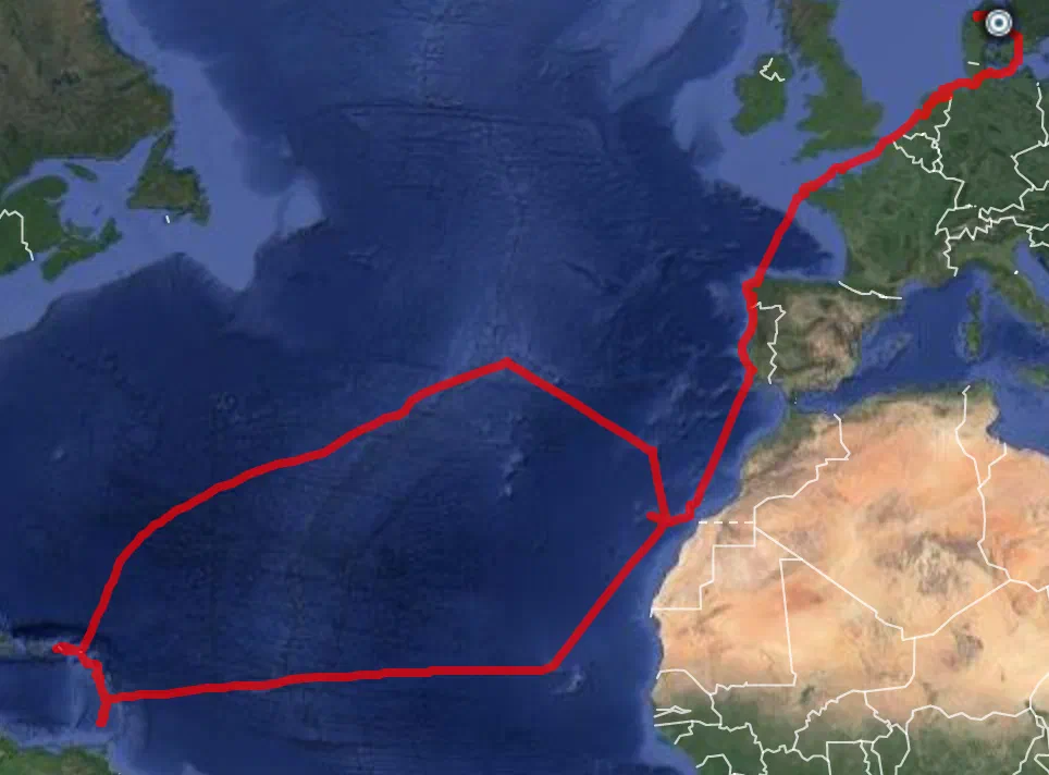 Her ses vores sejlede rute på 10575 nm